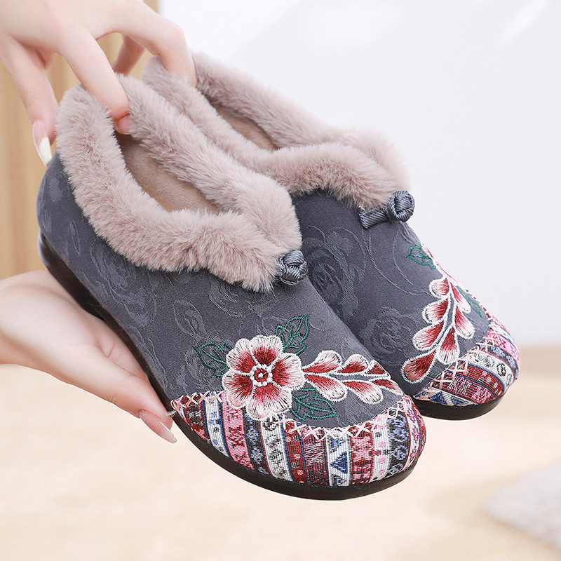 Winter New Style Cotton Shoes Women's fleece-lined Embroidered Old Beijing Cloth Shoes Soft Sole Embroidered Shoes for Mother Non-slip Warm Thick Sole Women