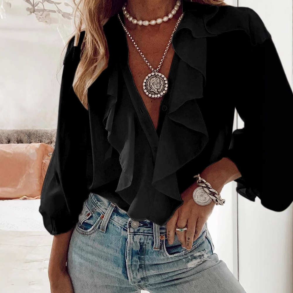 Picture of European and American shirt Amazon 2025 cross-border supply European and American women's chiffon shirt V-neck long sleeve top