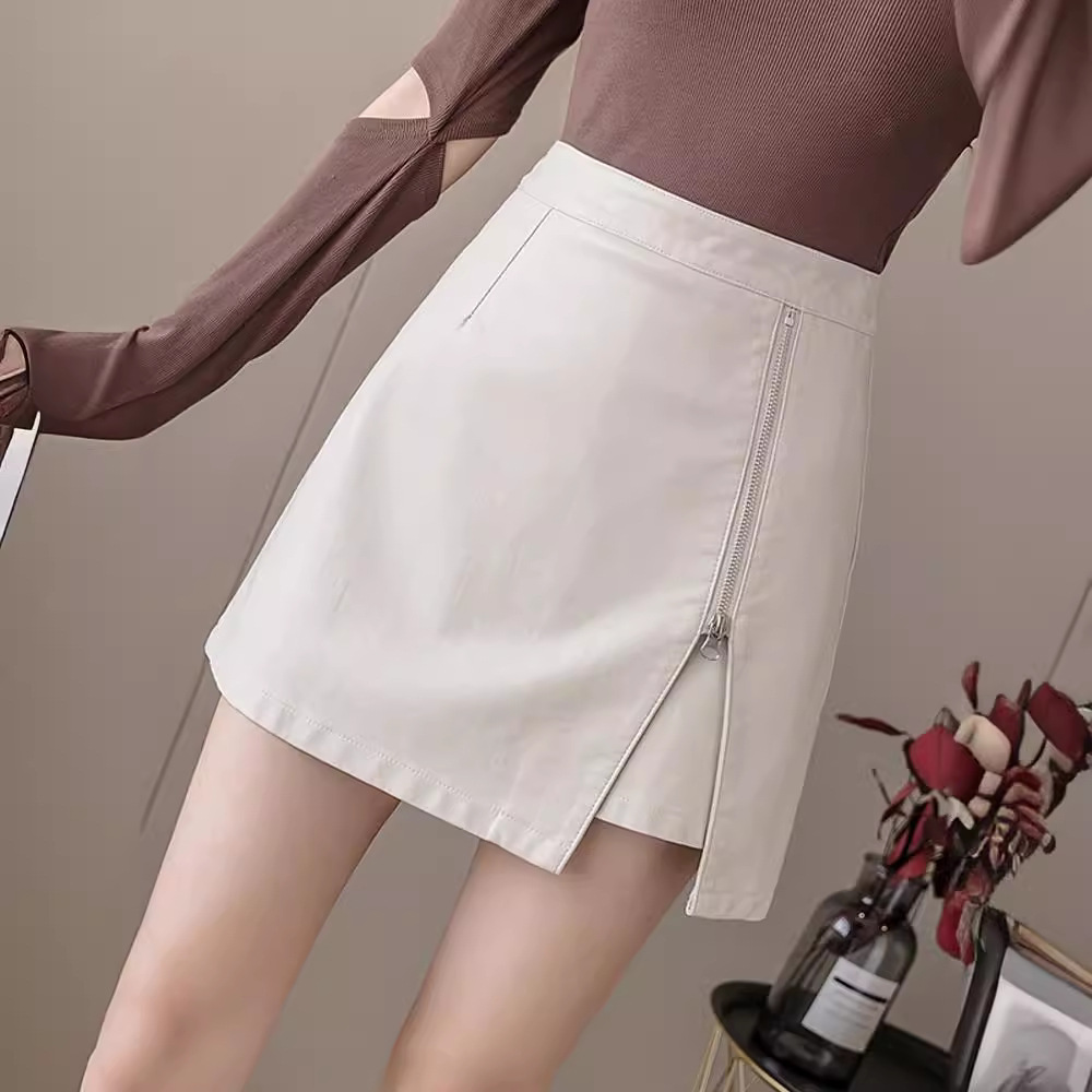 PU Leather Skirt A- Line Skirt Women's Autumn and Winter New Irregular Side Zipper Design Sense Black Hip Covering Short Skirt