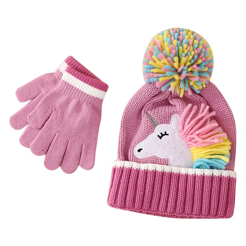 Cross-border in Stock children's cartoon unicorn knitted hat gloves two-piece Winter girls' warm wool hat suit