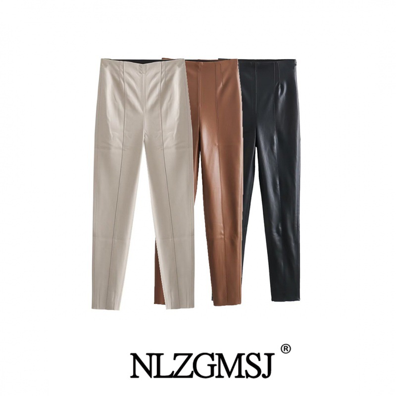 2023 Winter new women's clothing European and American style fashion slim faux leather high waist leggings 8372 294 711