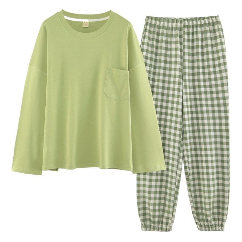 Pajamas women's spring and autumn women's winter 2023 new cotton long sleeve women's Matcha green home wear with chest pad