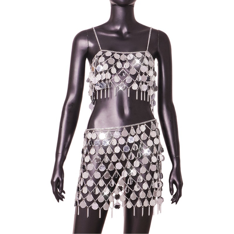 2024 New Beach Nightclub European and American Fashion Sexy Nightclub Mirror Glitter Silver Backless Women's Suit X20584