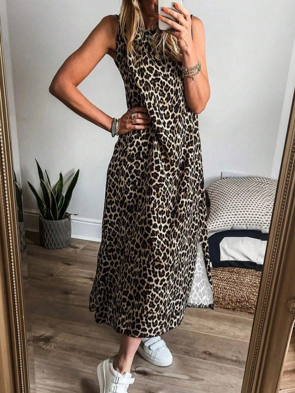2024 Spring/Summer Amazon Wish New Sleeveless Pullover Element Print Pocket Flared Round Neck Vest Dress