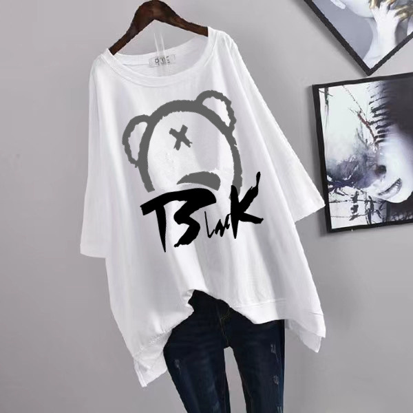 Picture of 100kg Plus Size Women's Summer Leaf Print Casual Slit Mid-Length Short Sleeve T-Shirt Loose Oversized Style