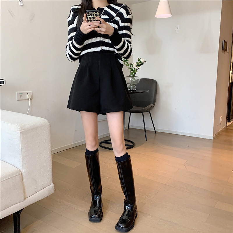 New Woolen Shorts Women's 2023 New Autumn and Winter High Waist A- Shoe Pants Overwear Loose Wide Leg Casual Pants