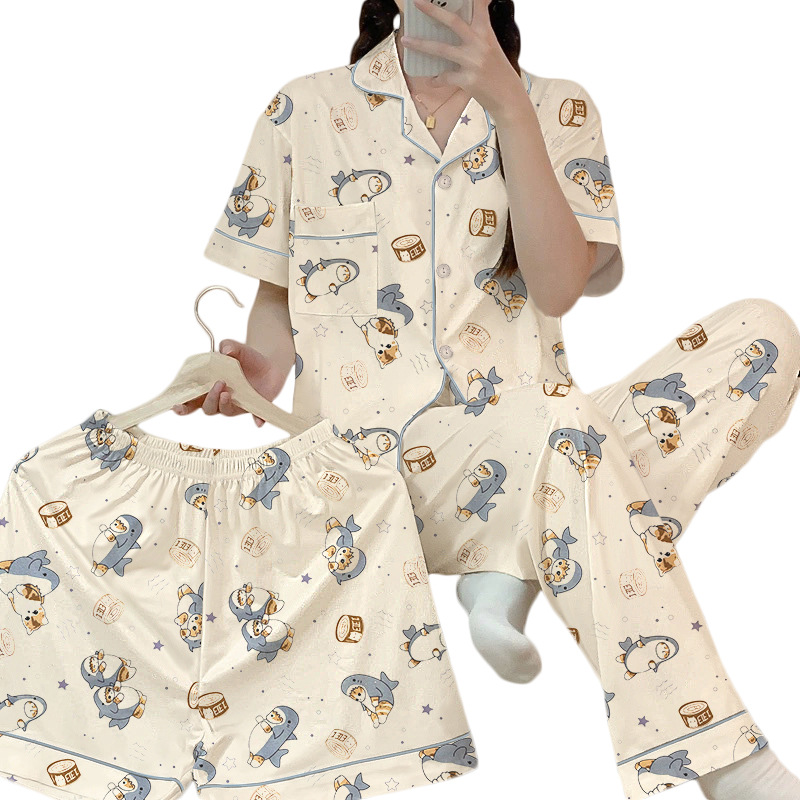Picture of Spring and summer new high-end pajamas women's cardigan cute cartoon short sleeve three-piece home clothes suit can be worn wholesale