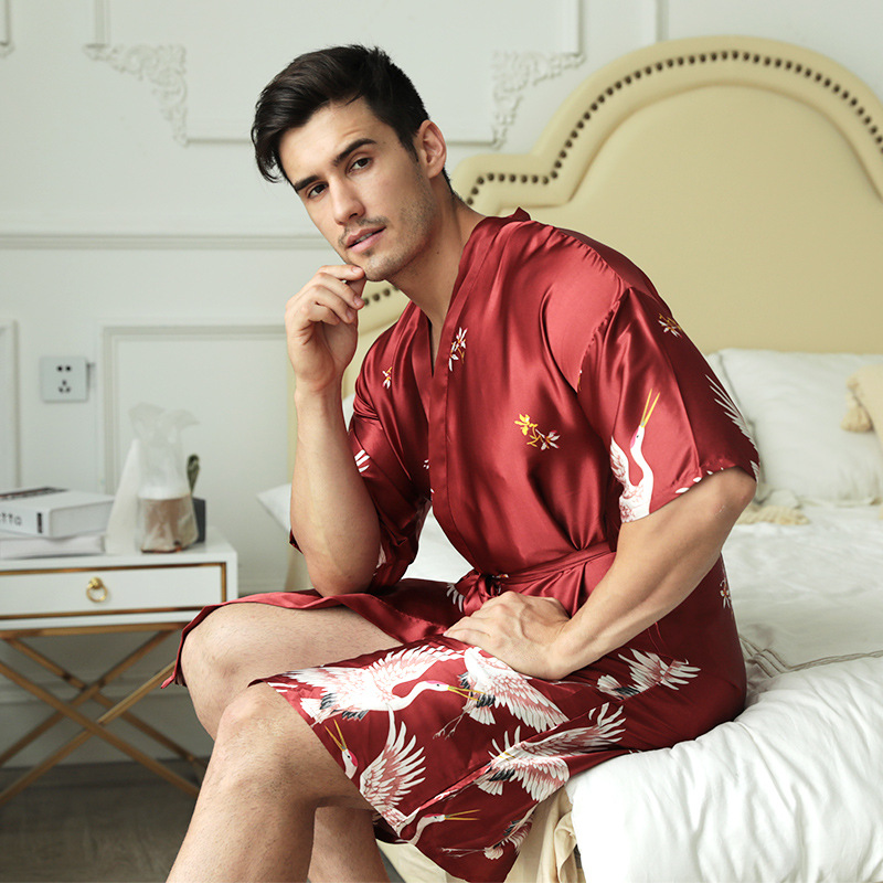 Men's Nightgown Summer Mid-length Printed Imitation Silk Nightgown Men's Groom Best Man Morning Gown Sexy Pajamas