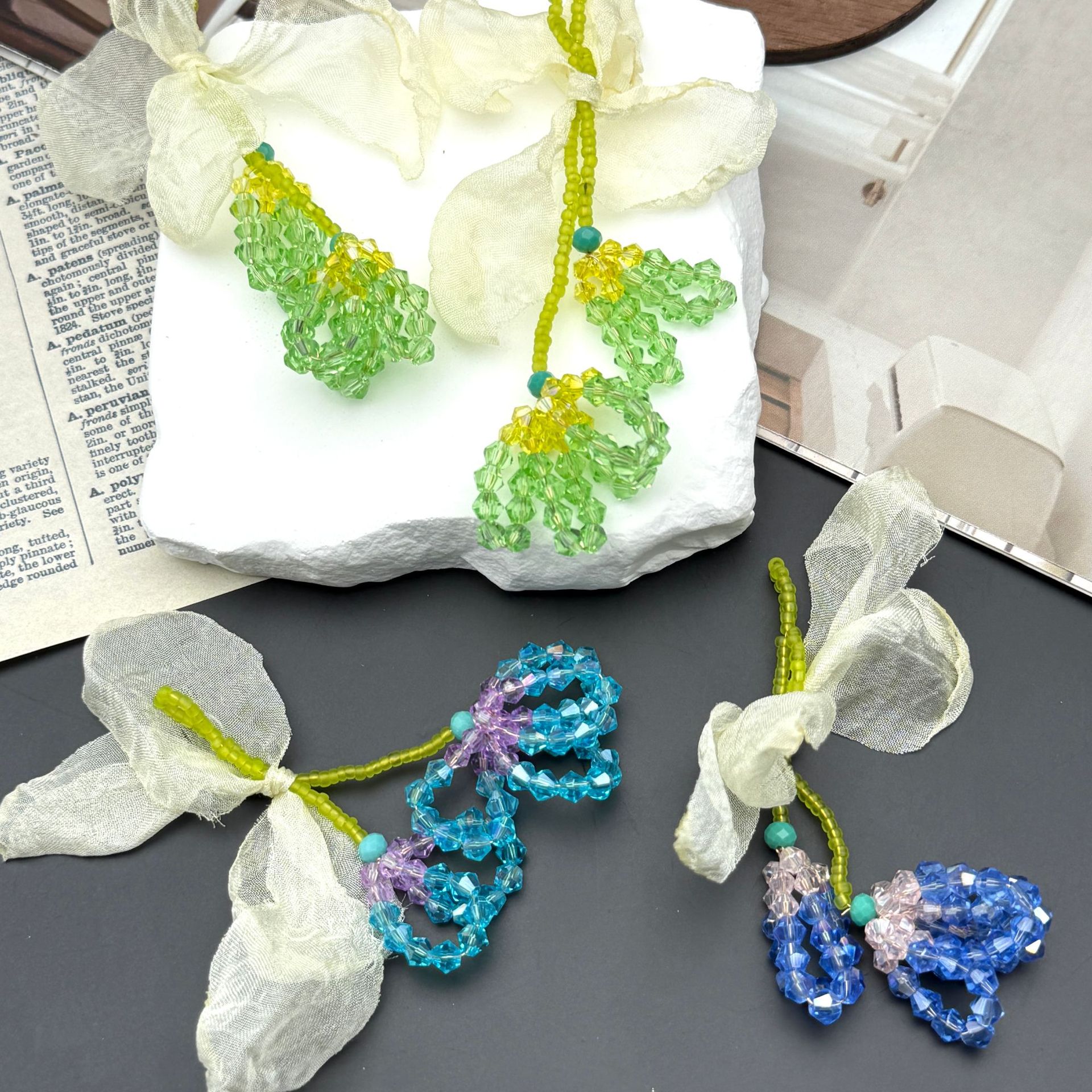 Picture of Woven long forest mesh pearl flower DIY handmade super fairy-like sweet little fresh high-end earrings