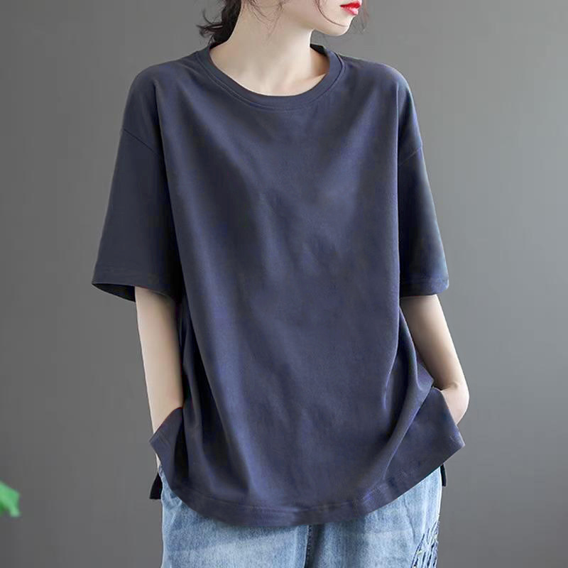 Solid Color Simple Short-Sleeved Summer Casual Literary Retro T-Shirt Large Size Flesh-Covering Loose Slimming Look Versatile Bottoming Top