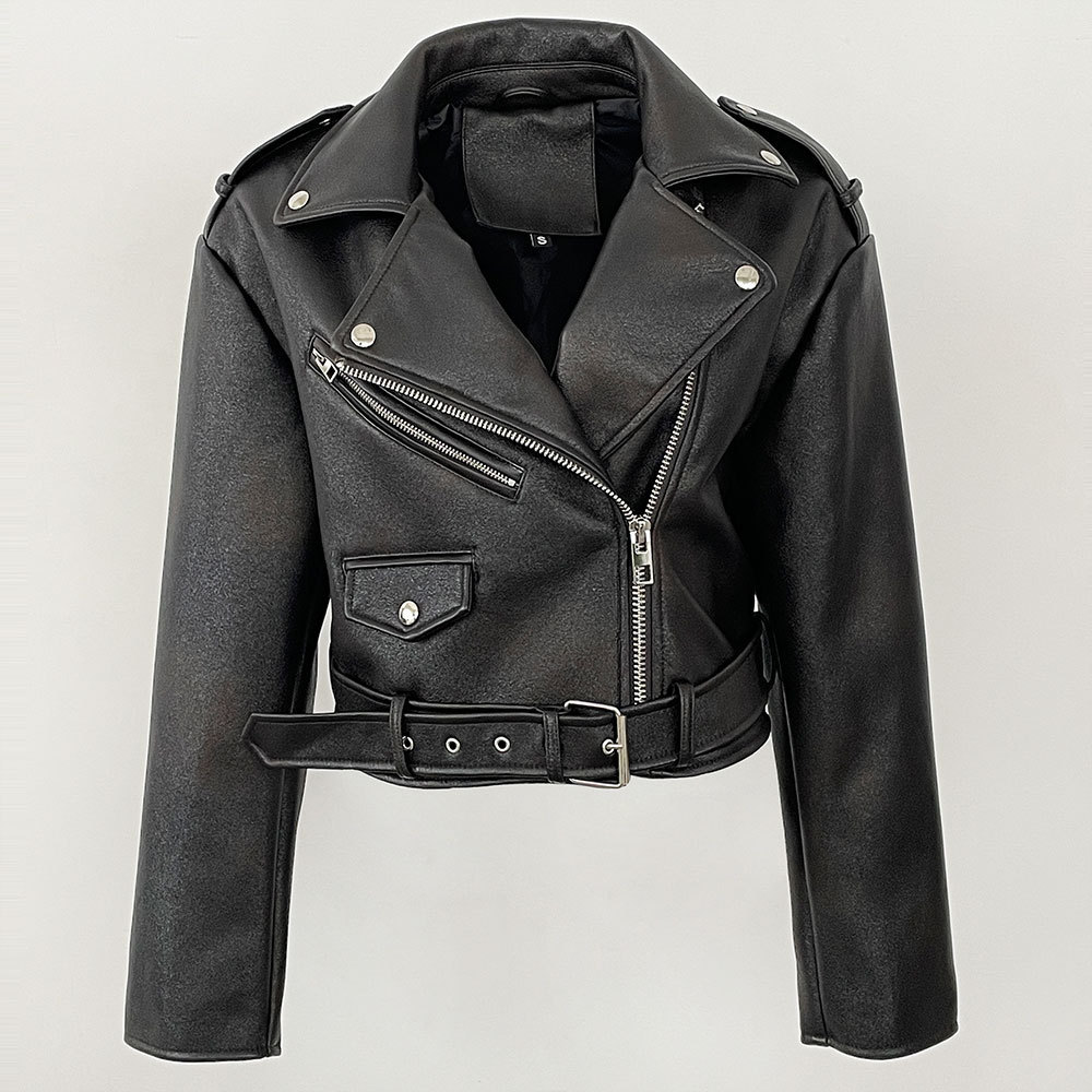 Foreign Trade Cross-Border Amazon 25 New Women's Clothing Wholesale European and American Style Lapel Zipper Slim Leather Jacket Motorcycle Jacket
