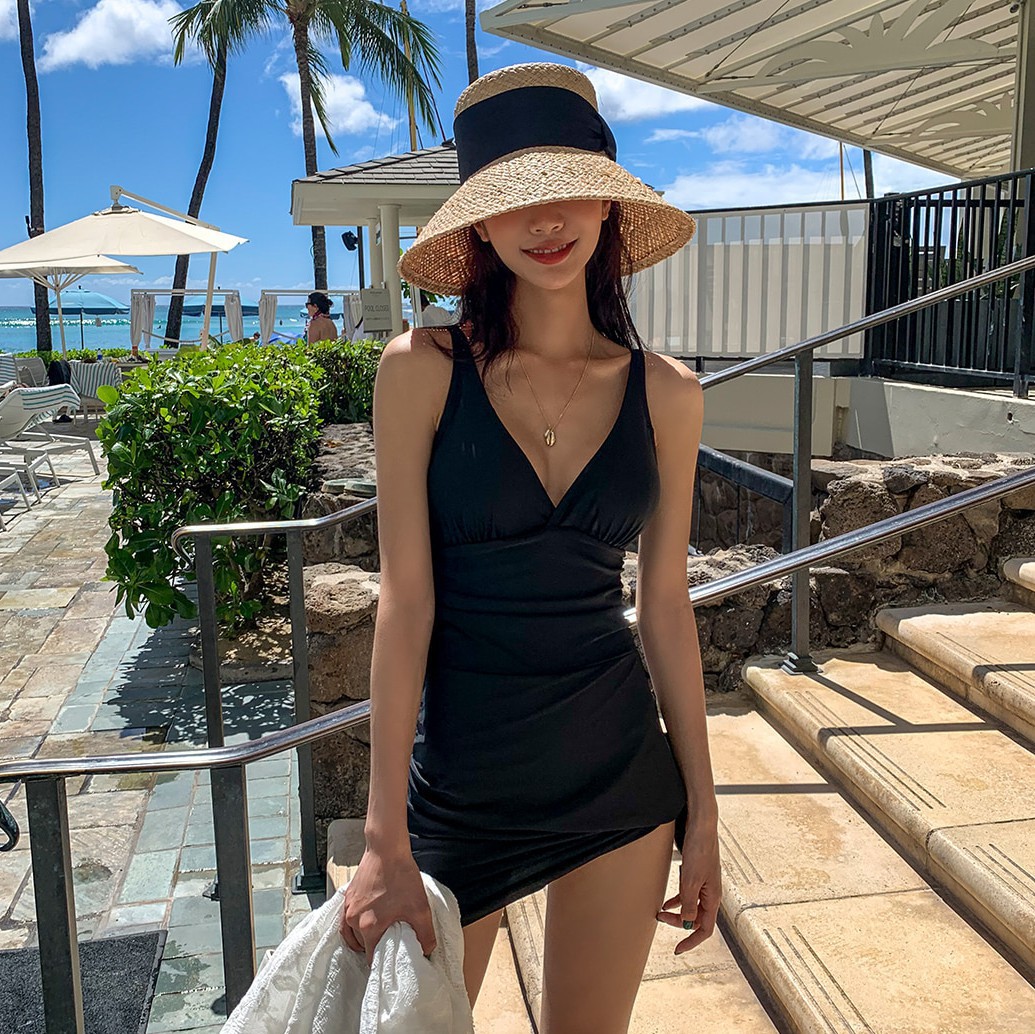 Cross-Border Hot Selling K-Style Ins Style 2020 New Black One-Piece Skirt Style Pleated Swimsuit Hot Spring Casual Swimsuit