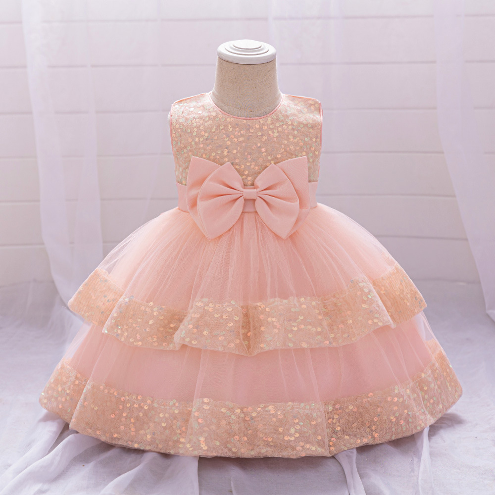 Amazon Summer Baby Dress Sequin Bow Princess Dress Baby One-Year-Old Party Skin-Washing Dress