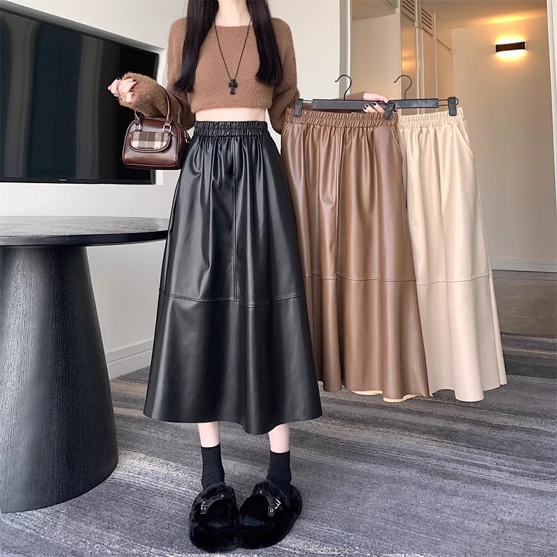 2025 autumn and winter new black skirt women's pu leather skirt high waist loose long hip A- line skirt umbrella skirt