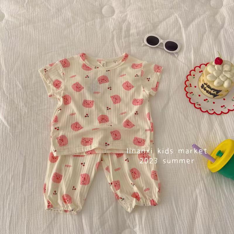 Picture of Ice Silk Ribbed 2023 Summer Girls' Short-Sleeved Outfit, Children's Style Baby Summer Two-Piece Set, Cute Style