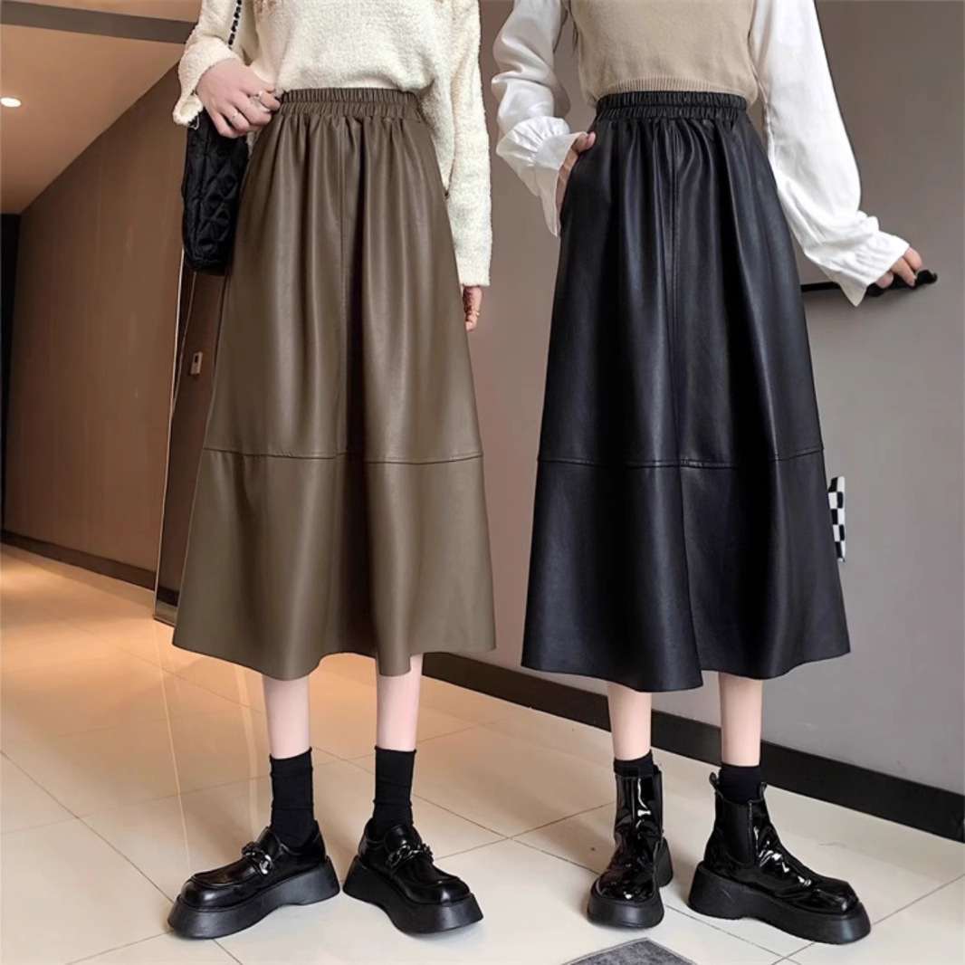 Skirt Design Sense Black Mid-length PU Leather Skirt Women's Autumn and Winter plus size chubby girl High Waist Slimming Umbrella Skirt Elegant