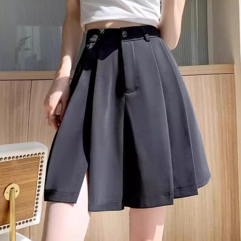 Black Suit Shorts Women's 2024 Autumn New Loose Slimming Split Casual Pants High Waist A- shaped Wide Leg Pants