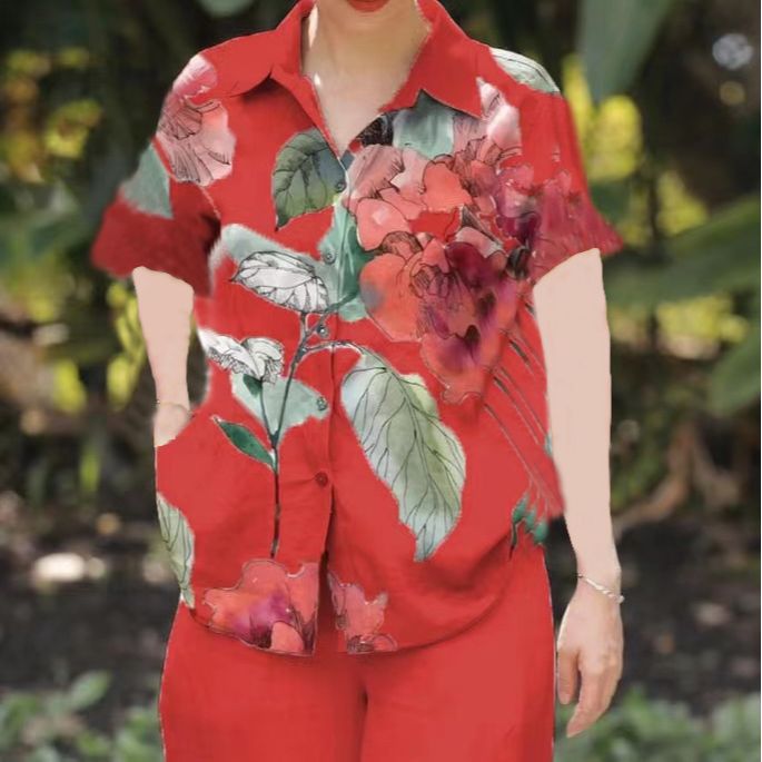 Picture of Amazon Spring and Summer plus size Loose chubby girl Elegant Casual Stylist Age-reducing Printed Shirt with Short Sleeve Lel