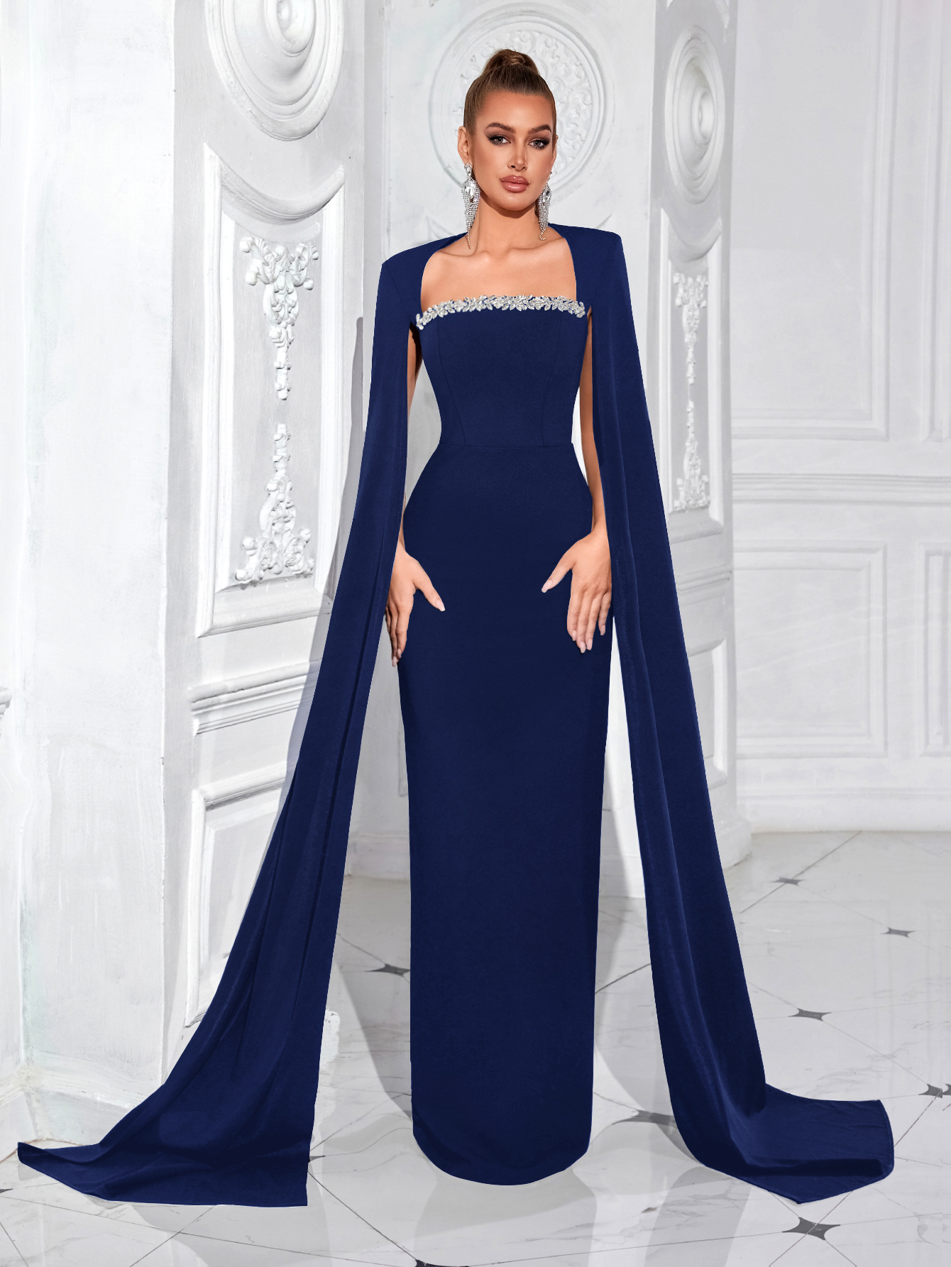 Picture of Europe and the United States Cross-border Sexy One-character Collar Diamond Stitching Evening Dress Mopping Long-sleeved Rear Split Solid Color Banquet dress