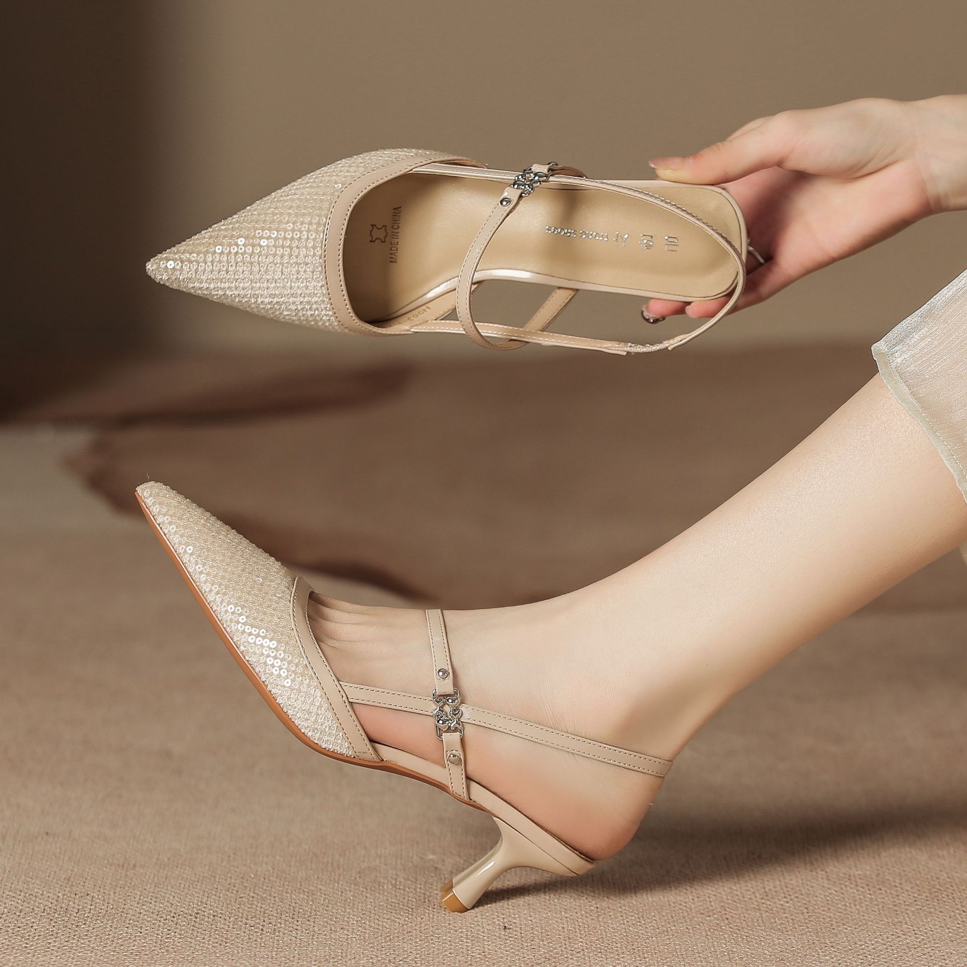 H963-1 Black Half-Toe High Heel Sandals Pointed Toe Thin Heel Summer Women's Shoes Sheepskin Insoles Chanel Style Beaded Noodles