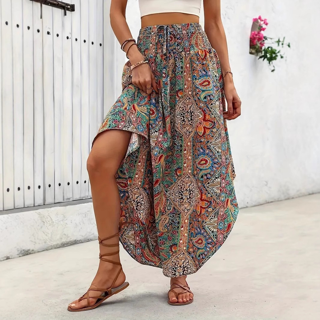 in stock Amazon European and American New Bohemian Style Personalized Printed A- Line Skirt Casual All-Match Skirt