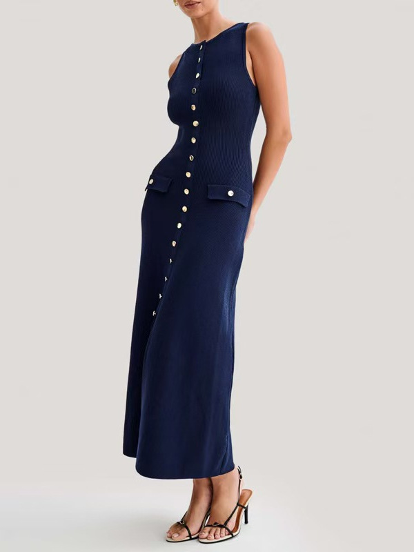 European and American Elegant Ladylike Long Dress Sleeveless Slim Halterneck Commuting Intellectual Dress Dopamine