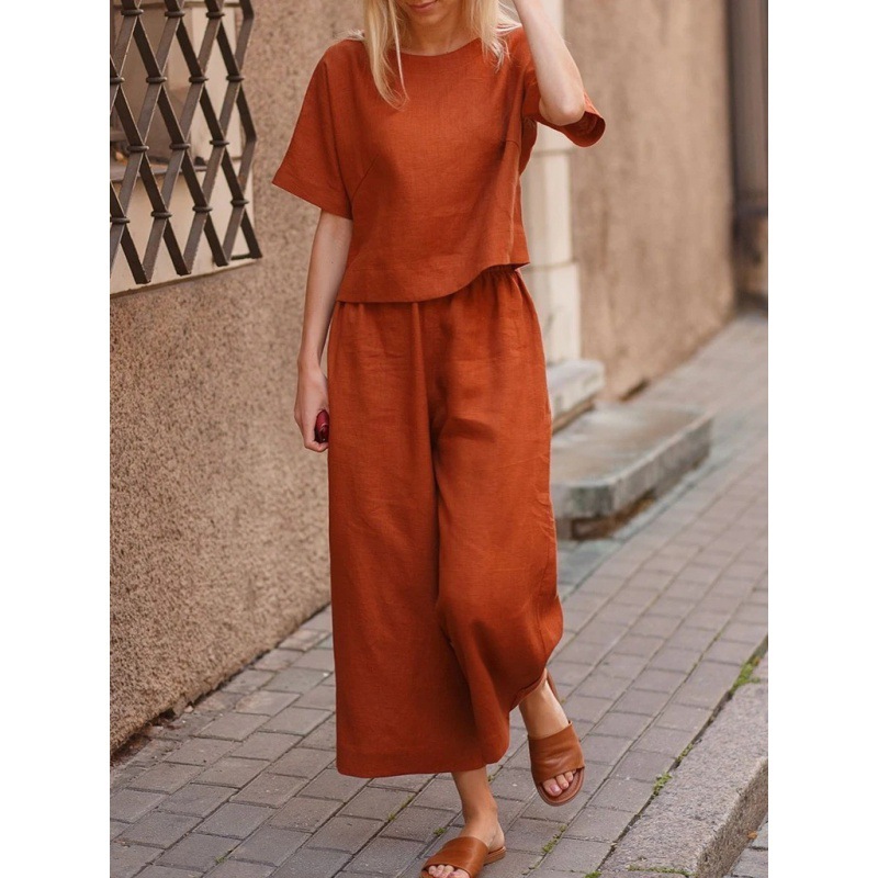 Picture of 2022 cross-border Amazon casual European and American plus size suit loose solid color shirt trousers two-piece set