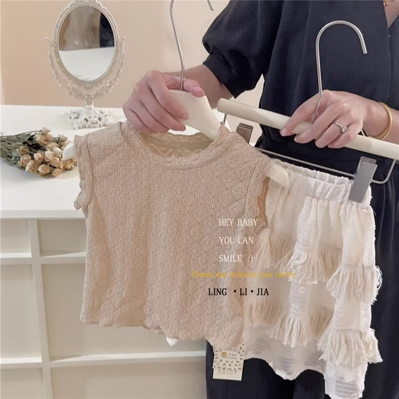 Picture of Girls' New Korean Style suit Summer Online Popular Western Style Retro Top Tassel Skirt Two-Piece Set suit Hair
