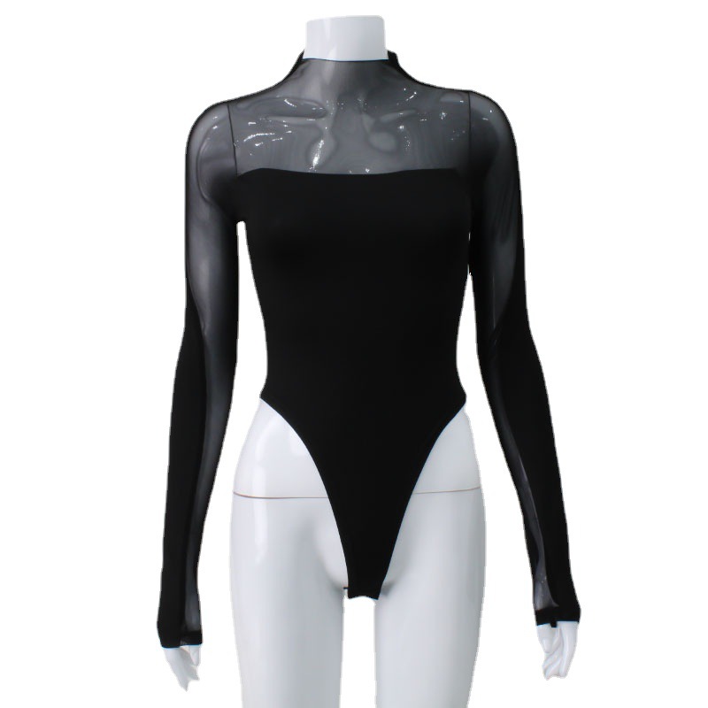Picture of European and American Foreign Trade Women's Clothing Aliexpress Sexy Mesh Patchwork Long-Sleeve Slim-Fit High-Elastic Bodysuit Top with High Elasticity