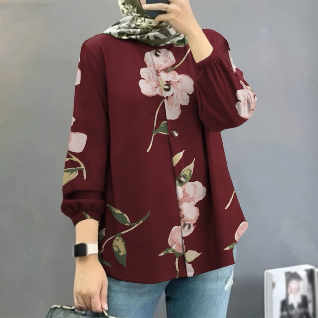 Picture of Spot Cross-Border Amazon Middle Eastern Malay New Women's Muslim Floral Shirt Fashionable Puff Sleeve Factory Batch