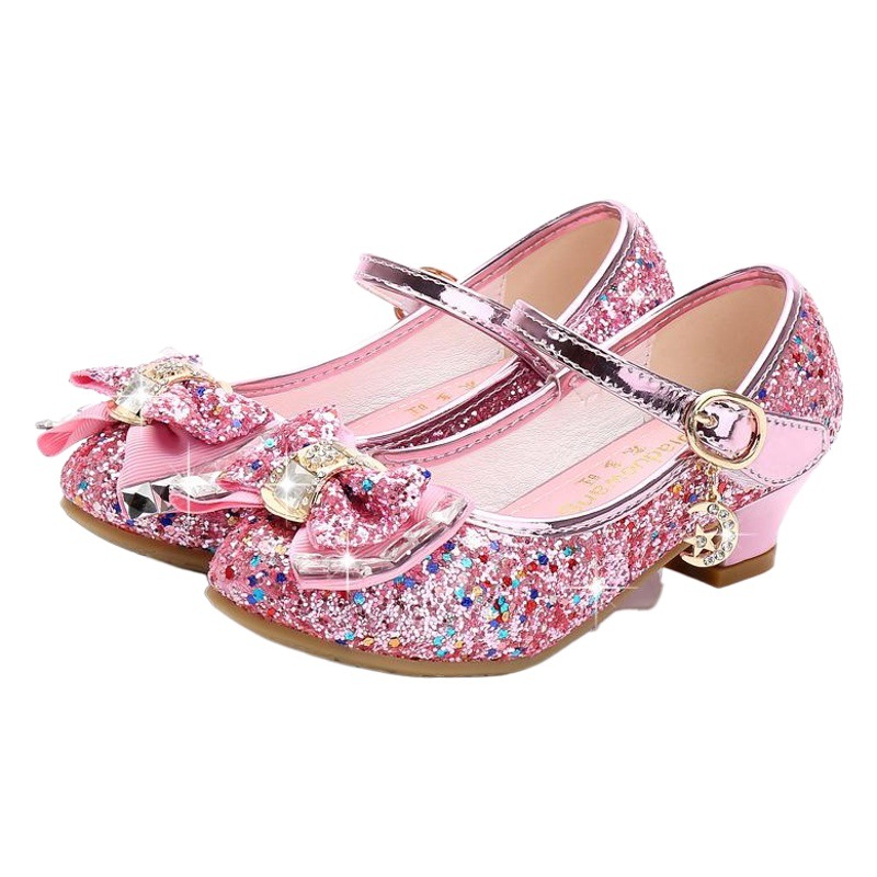 2025 Autumn New Girls' Small High Heel Leather Shoes Sequin Upper Bow Decoration Children's Dance Shoes