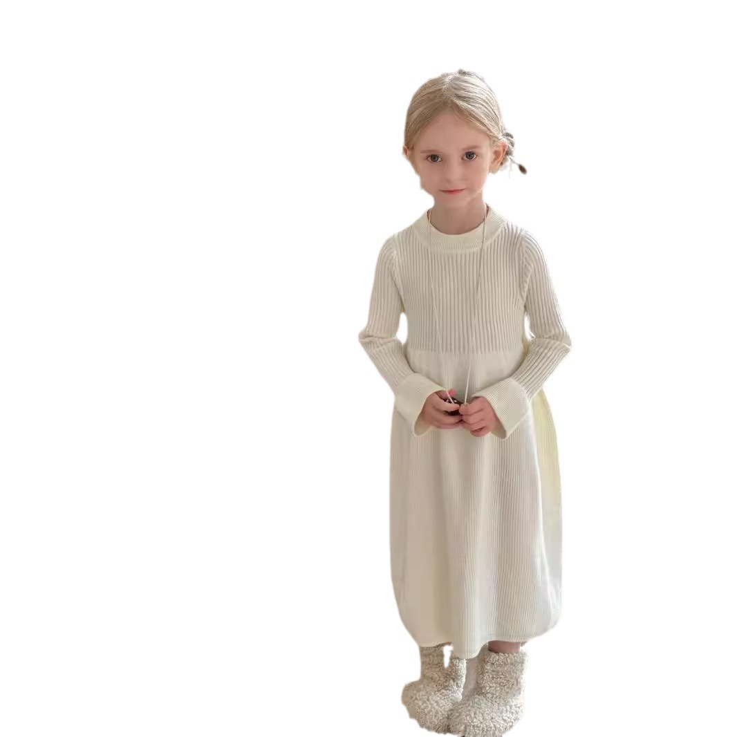 Picture of Girls Dress 2025 Spring and Autumn New Korean Style Children's Solid Color Knitted Princess Dress Baby Mid-Length Sweater Dress