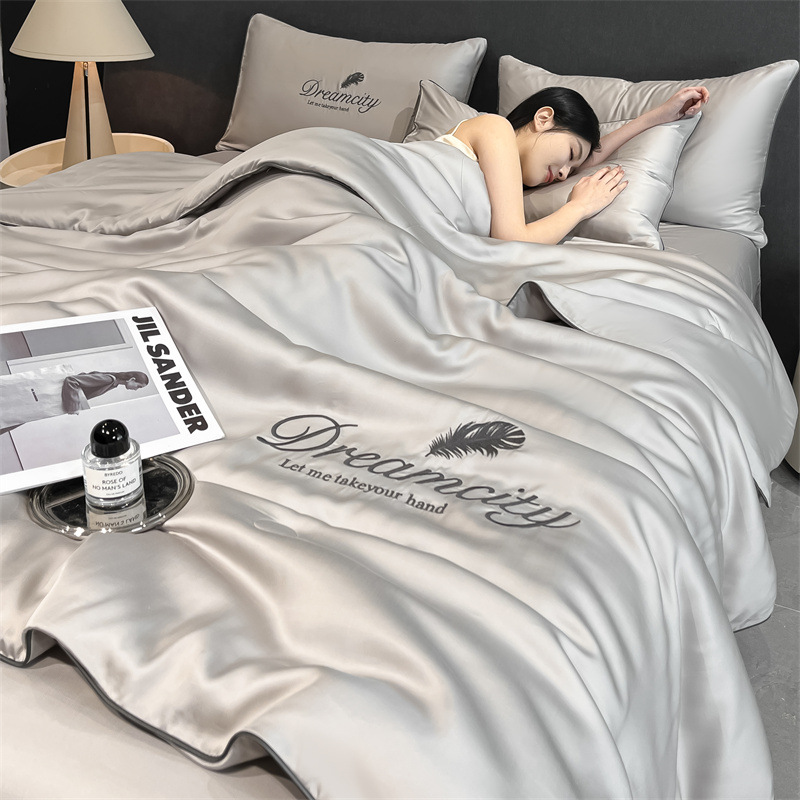 Picture of Washed Ice Silk Summer Quilt Four-piece Solid Color Embroidered Cool Air Conditioned Quilt Summer Gift Summer Quilt Summer Thin Quilt