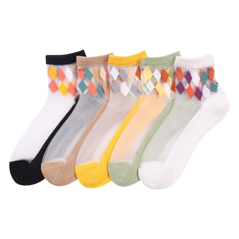 Socks for Women Spring and Summer New Casual Rhombus Flower Glass Silk Mid-Calf Women's Socks Boneless Hand-Sewn Crystal Silk Women's Socks