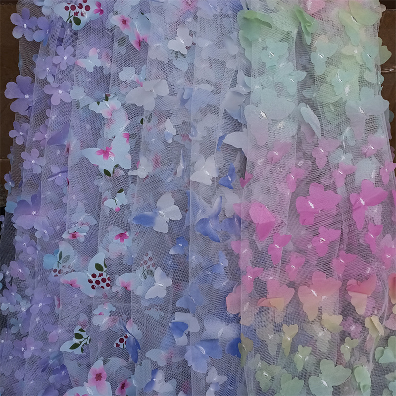 in stock new laser 3D butterfly embroidery mesh fabric children's lace stage clothing performance clothing fabric