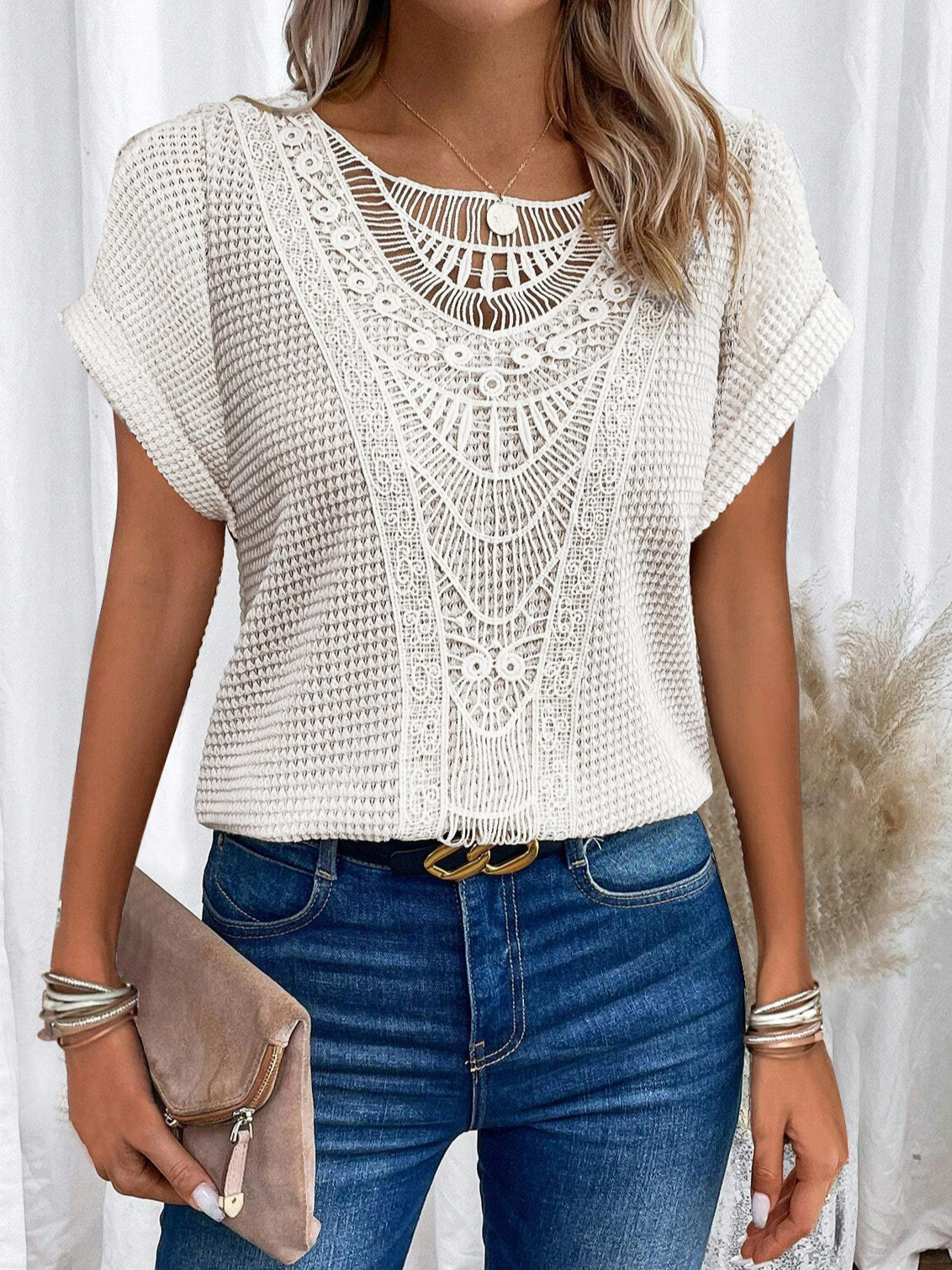 Picture of 2024 Amazon European and American spring and summer new independent stand lace stitching short-sleeved T-shirt in stock cross-border women's clothing