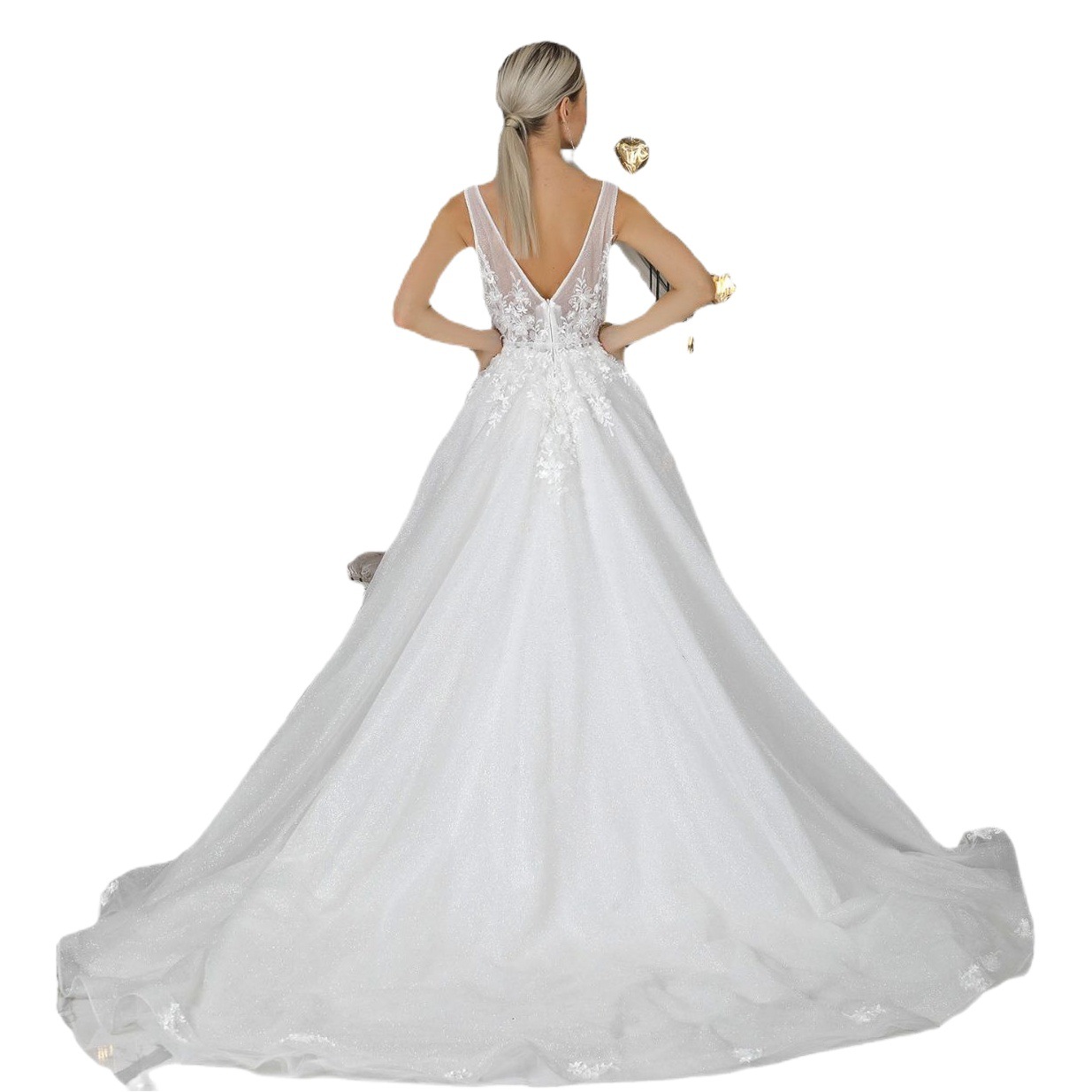 European and American large size French Super fairy bride out of the station yarn main yarn studio shooting wedding dress V collar V back lace tail neat