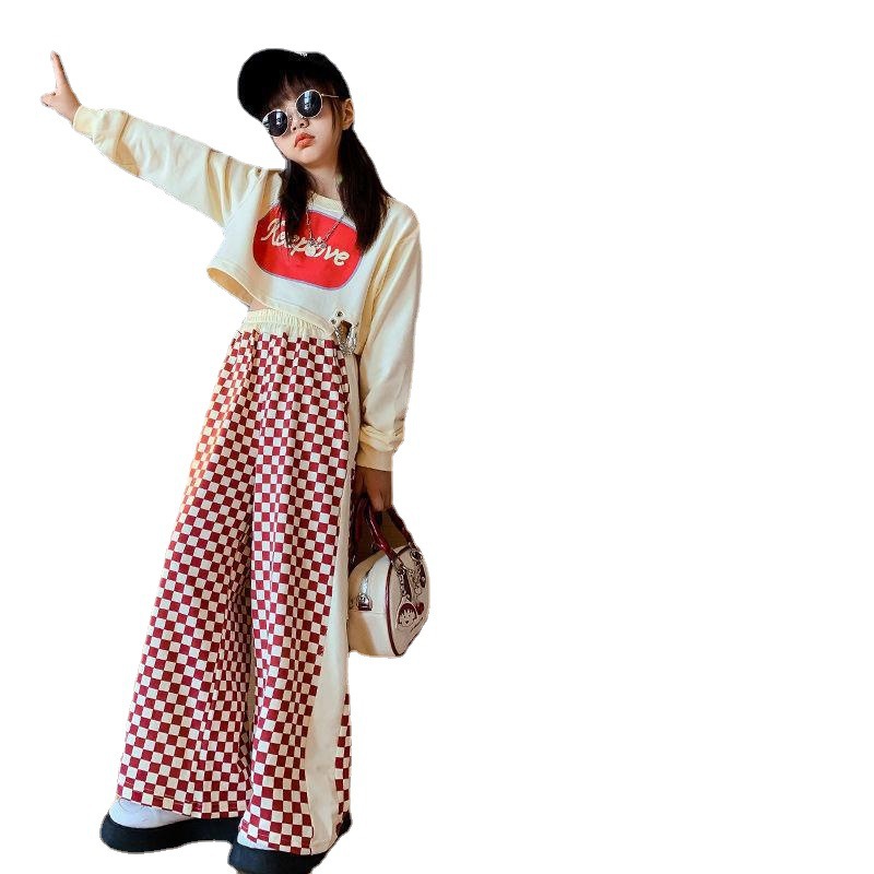 Picture of Girls' Korean style Spring and Autumn new casual suit children's western style letter short top fashionable plaid pants two-piece suit