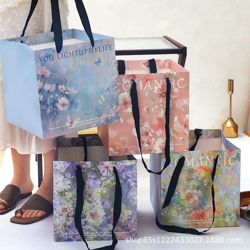 Zhuo Fiber Flower Material Sicilian Oil Painting Style Handbag Flower Arrange Flower Art Material Gift Bag Flower Packaging Bag