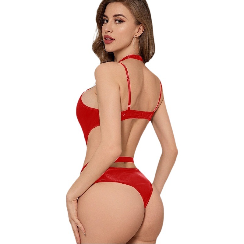 Cross-border supply European and American Foreign trade sexy lingerie sexy patent leather hollow-out backless one-piece game underwear wholesale