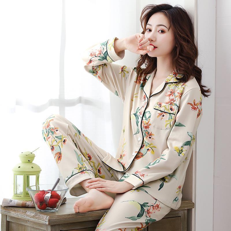 Picture of 100% Pure Cotton Pajamas Women's Long Sleeve Women's Spring and Autumn Cardigan Lapel Pajamas Outwear Winter Home Suit