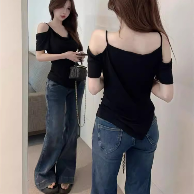 Picture of Slim Fit, Simple Style, Off-Shoulder, Asymmetrical Elegant, Black Short-Sleeved T-Shirt, Summer Design Top 5525