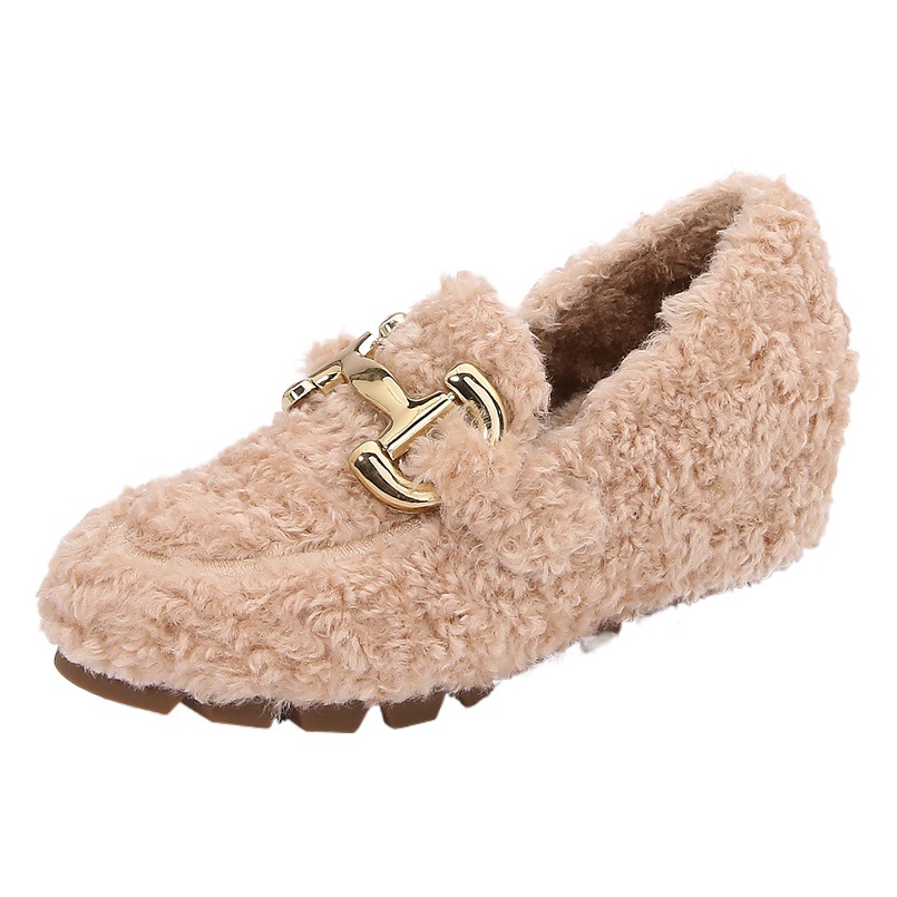 Women's hidden-height plush shoes winter wear fleece-lined thick-soled wedge loafers slip-on comfortable warm lazy cotton-padded shoes