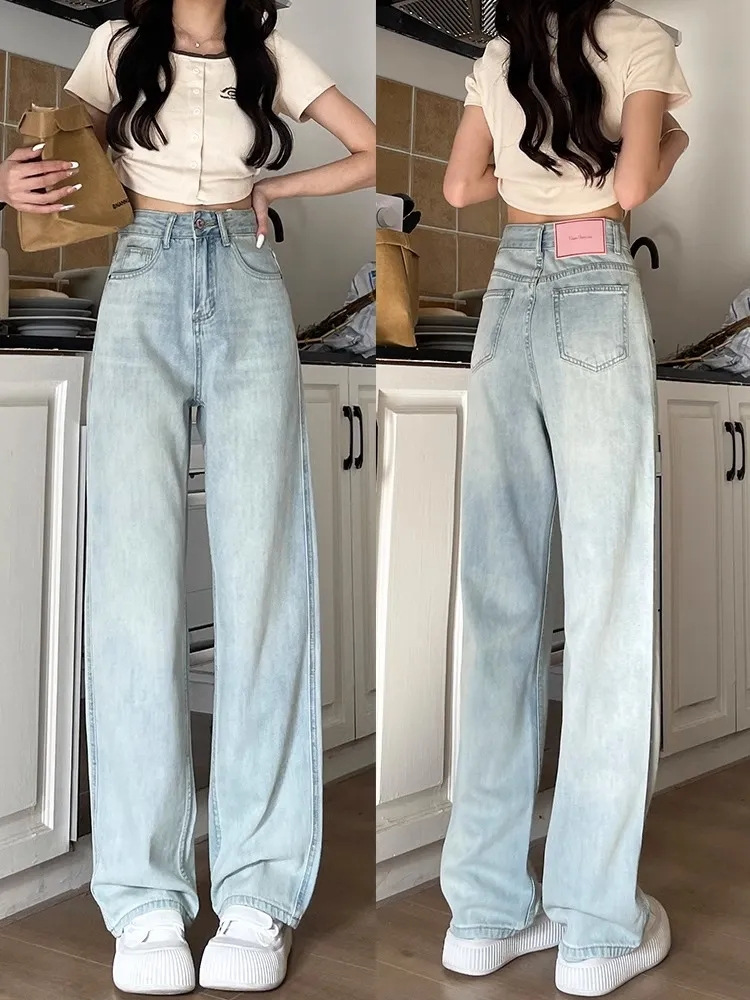 light blue Narrow Jeans Women's Straight Loose Summer Thin 2024 New High Waist Slimming Wide Leg Trousers