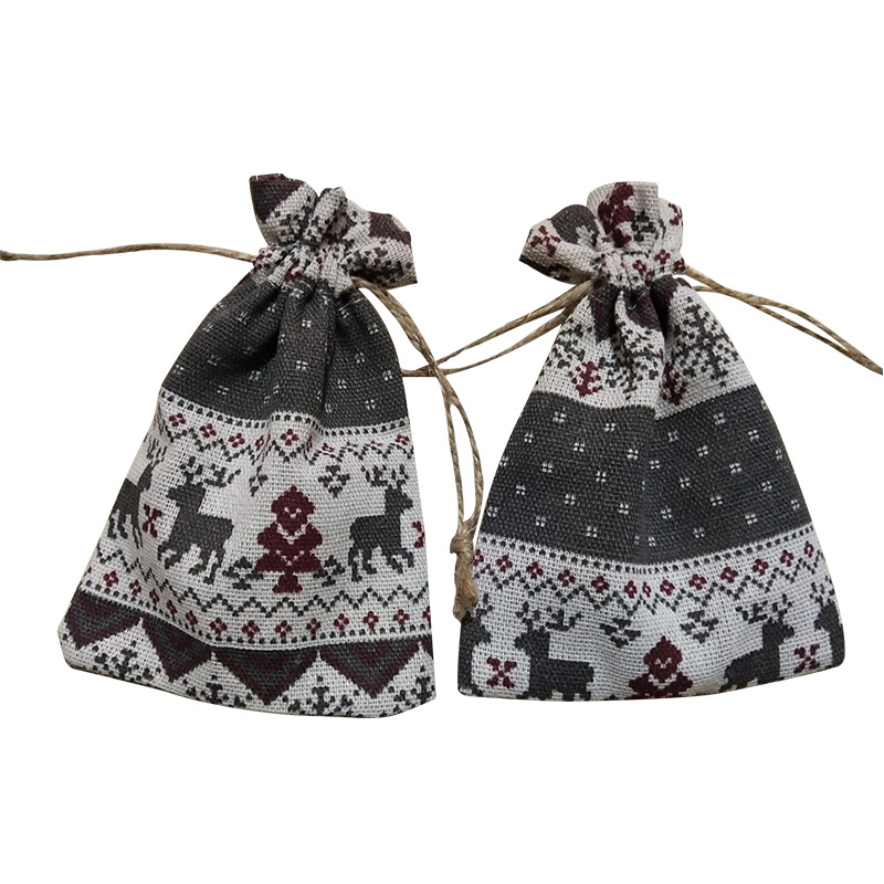 Cotton Bag Printed Christmas Fawn Cotton and Linen Bundle Pocket Nicking Bag Drawstring Gift Christmas Packaging Gift Bag
