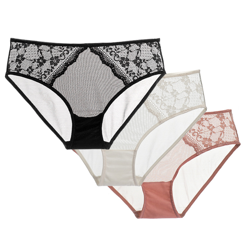 Women's Sexy Antibacterial Hip Briefs Mid-waist Ultra-thin Lace Underpants Sexy Hollow Underwear