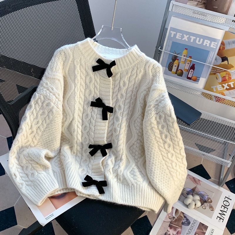 ZZZ Beautiful Beautiful Chic Bow Sweater Coat Women's Spring and Autumn Loose Lazy Retro Fashion Sweet Knitted