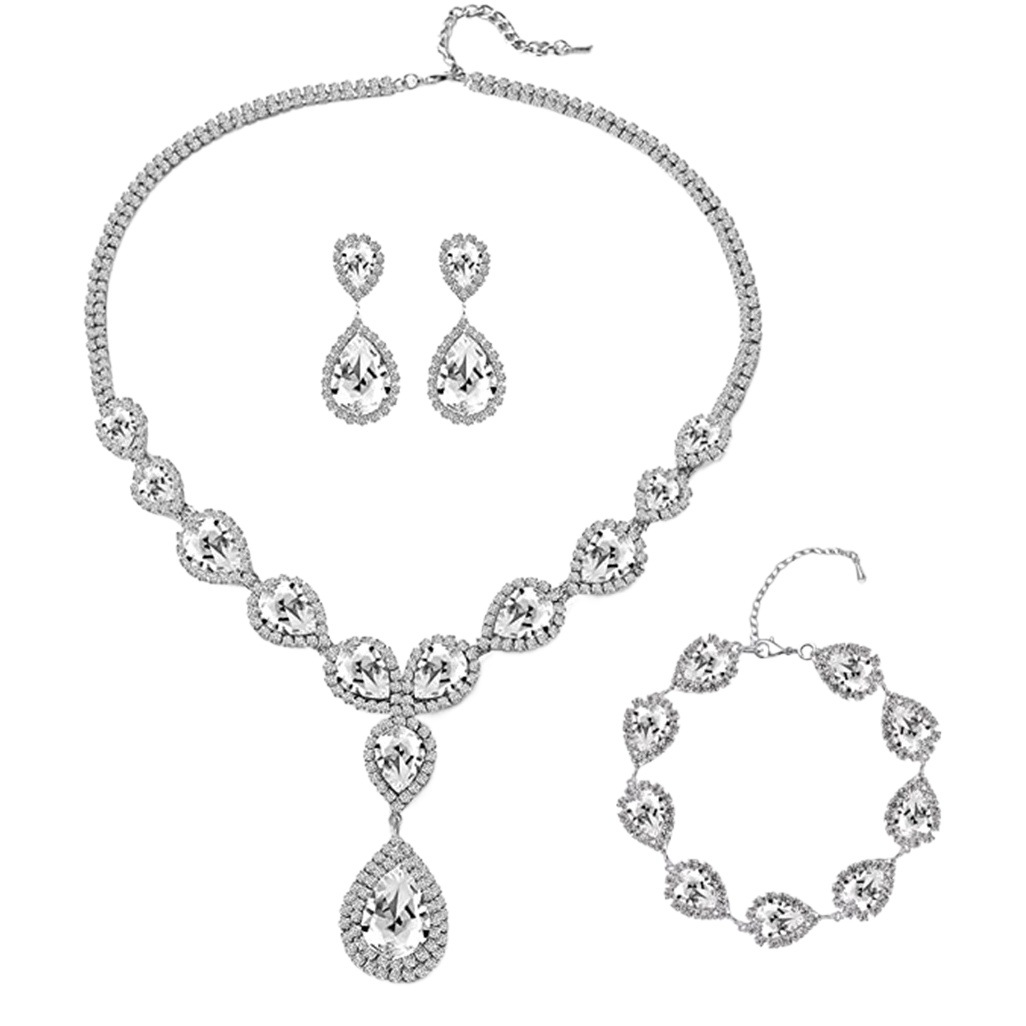 Cross-border Hot High-end Crystal Rhinestone Jewelry Necklace Set Bride Wedding Necklace Earrings Bracelet Three-piece Set