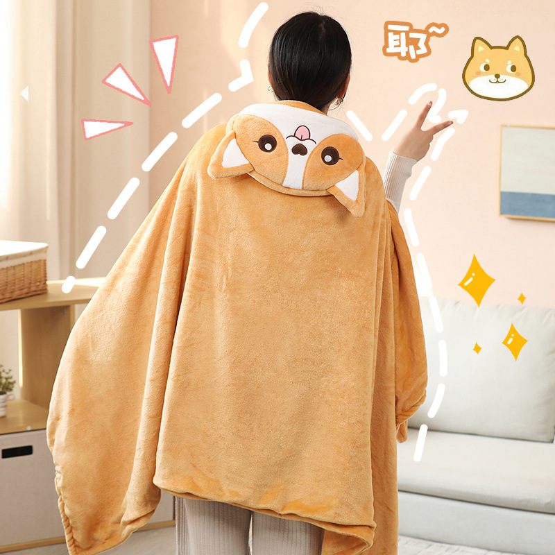Picture of Cute Cartoon Animal Hooded Blanket Cloak Office Nap Air Conditioning Blanket Student Dormitory Thickened Cloak Blanket