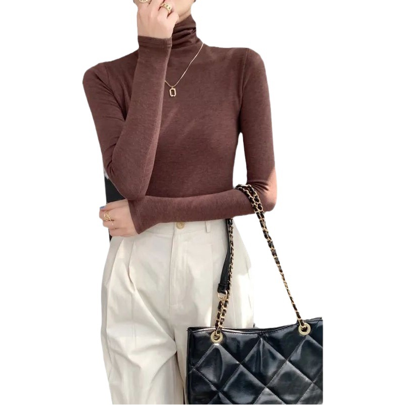 European high collar soft fleece-lined long sleeve T-shirt women's 2023 autumn and winter new solid color inner base shirt top
